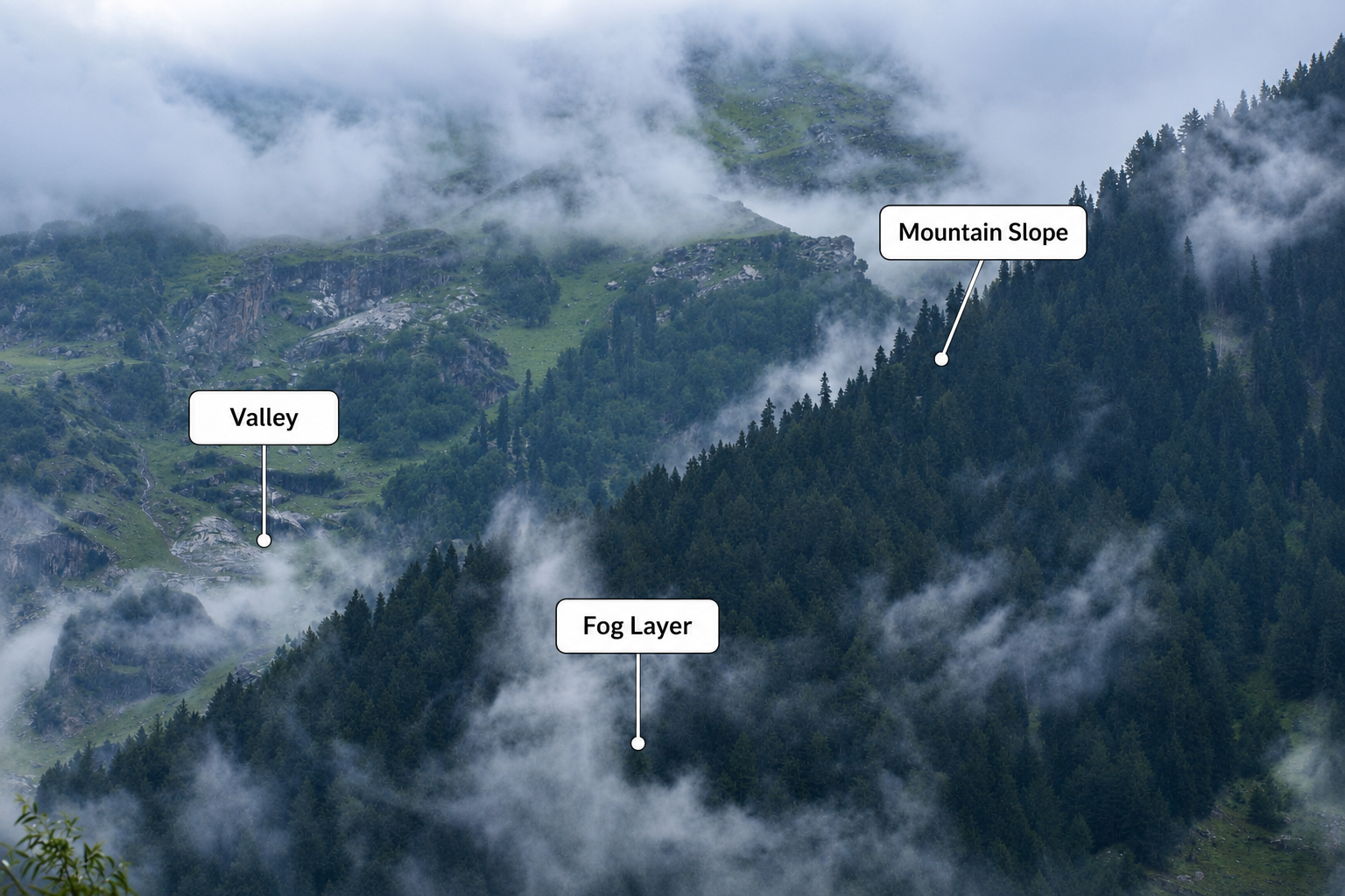 Labeled valley fog diagram showing fog layer pooled on a mountain valley floor between pine-covered slopes for UPSC geography